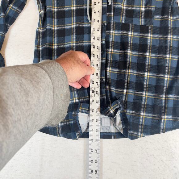 Discreet Button Flannel Shirt Hoodie Woman S Blue Plaid Drawstring Cozy Cuddle - Picture 6 of 10